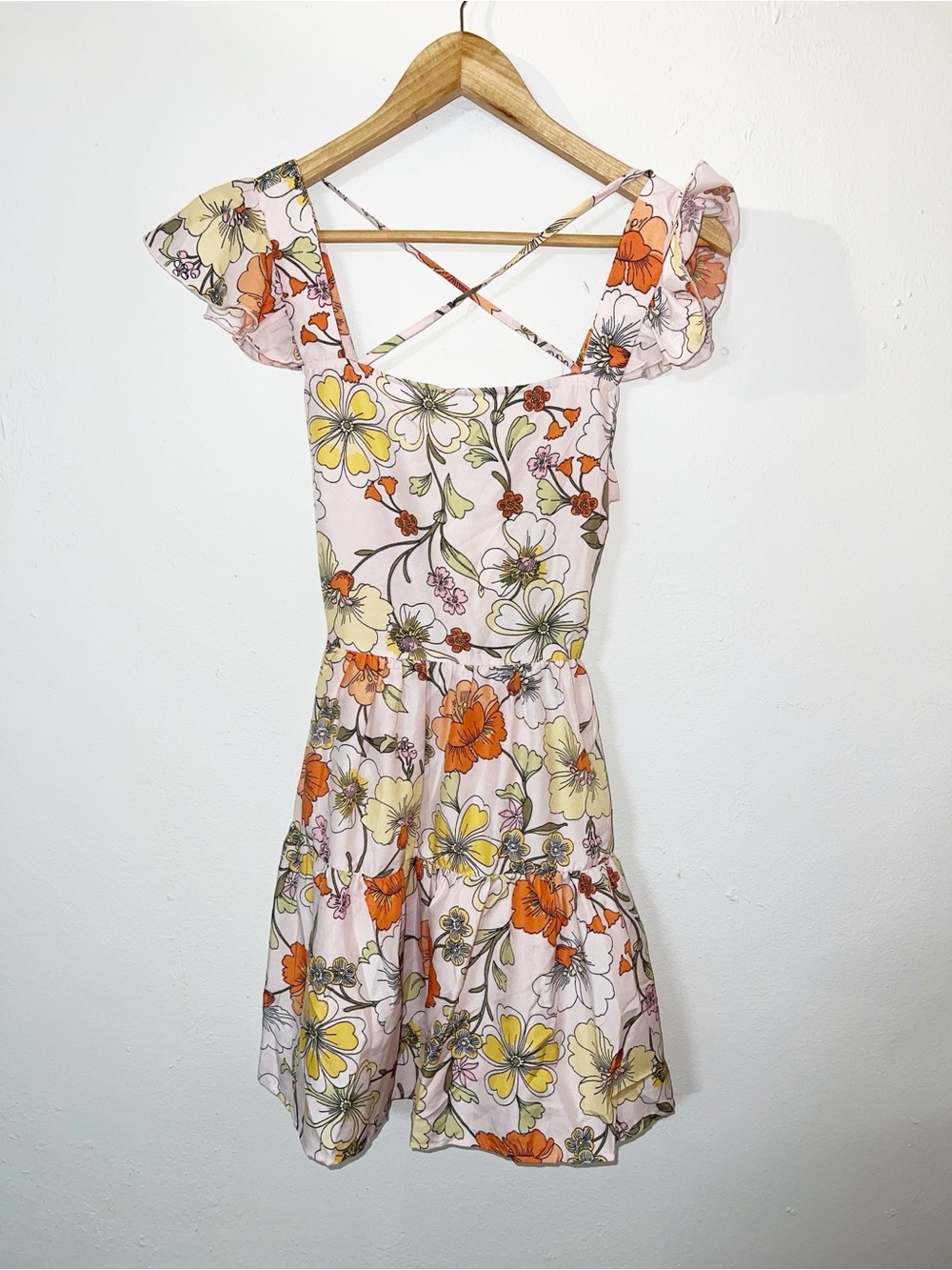 Lottie & Holly Floral Pink Summer Mini Sundress with Ruffle Sleeves